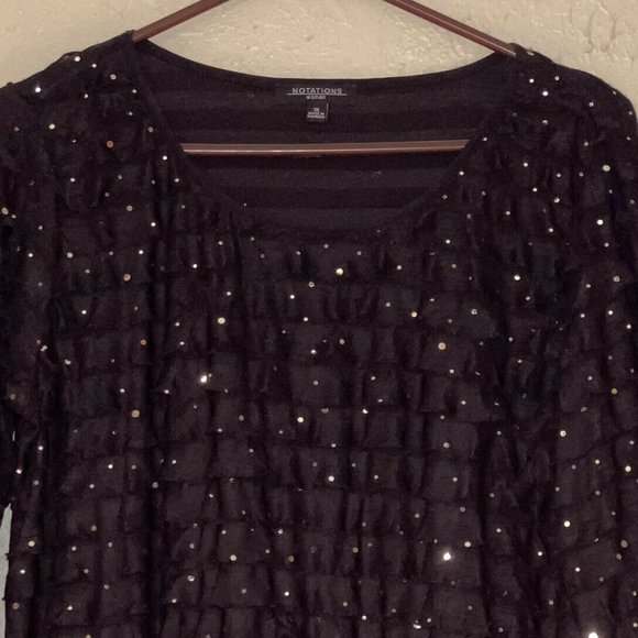 NWT. Notations brand, Black, Sparkly Sequins Top 3/4 sleeves and Ruffles - Picture 6 of 9